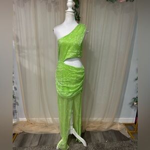 Luxxel Neon Green Sequin One Shoulder Cutout Maxi Dress NWT Glam Party Size  S